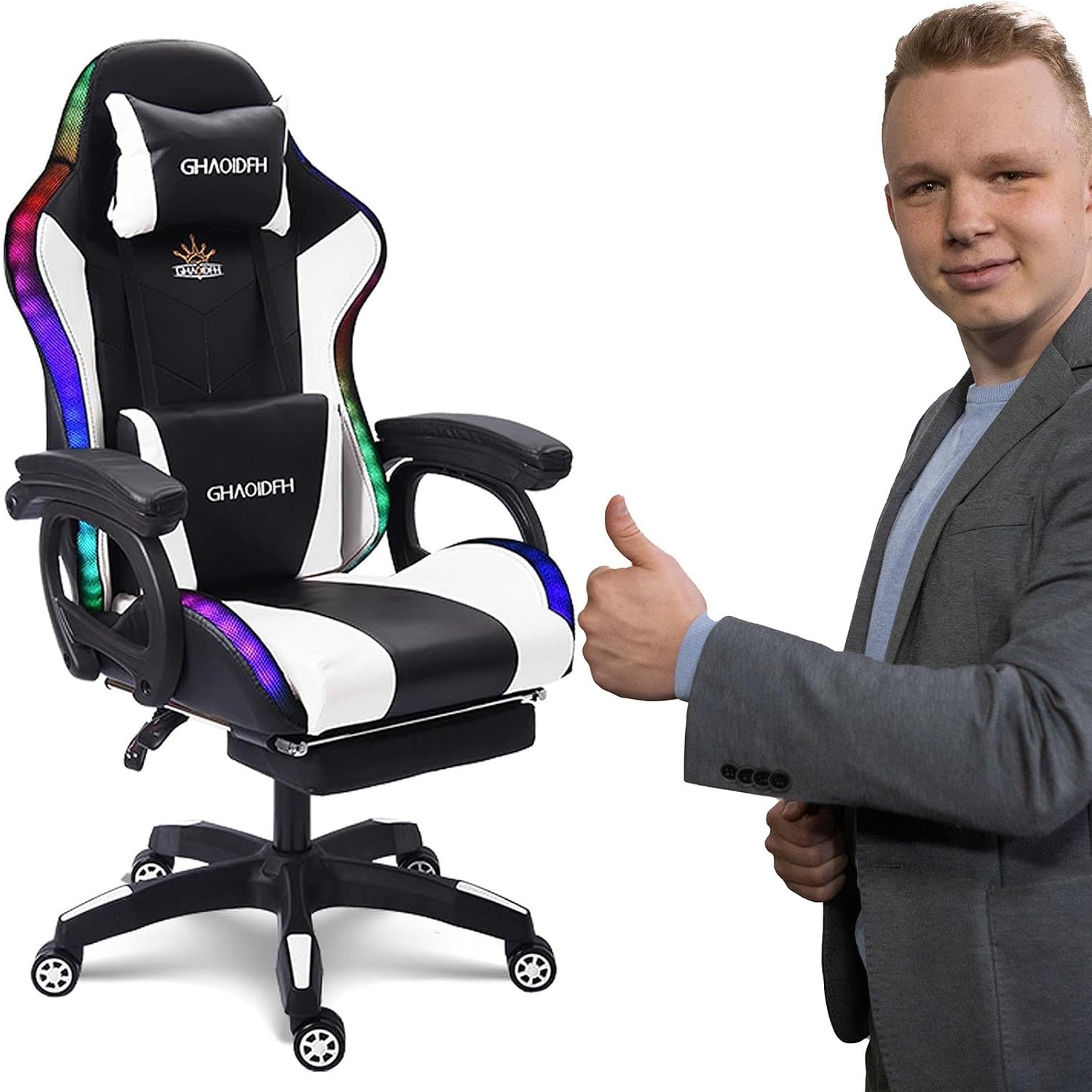 Video Gaming Chair with Footrest,Game Chair with Bluetooth Speakers,Computer Chair with LED Lights,Ergonomic Massage Gaming Chair with Massage Function,360°Swivel 90°-135° Adjustment Backrest (White)