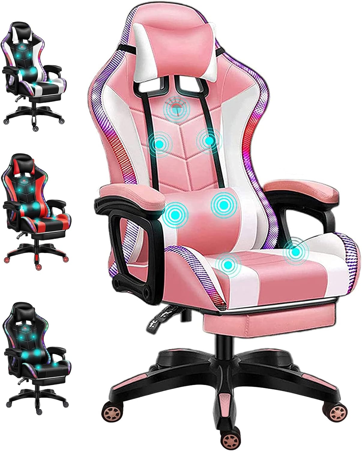 Gaming Chair with Bluetooth Speakers, RGB LED Lights & Footrest, Massage Computer Gaming Chair/Video Game Chair for Adults & Teen Enhance Gaming Experience,Pink
