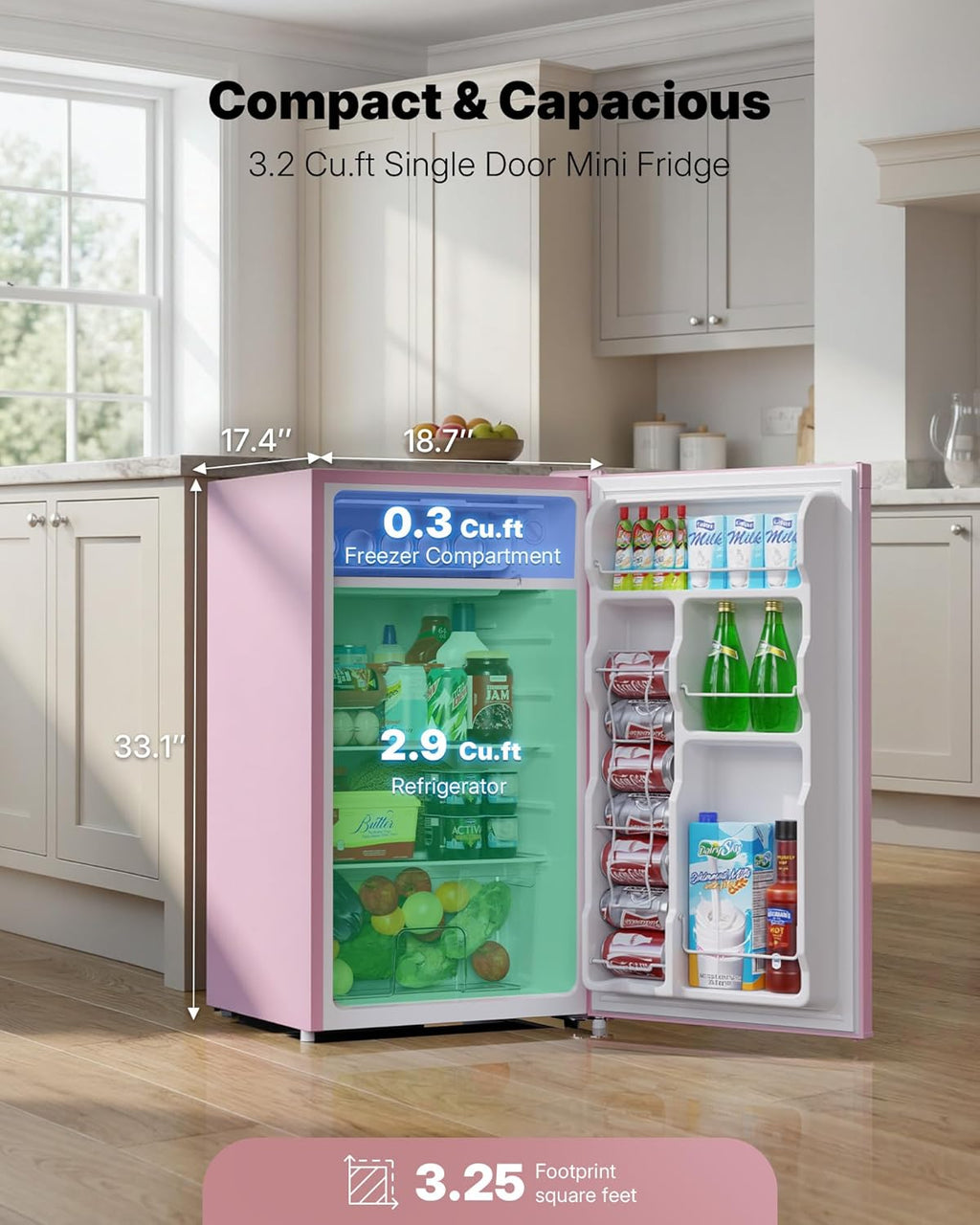 Upstreman 3.2 Cu.Ft Mini Fridge with Freezer, Single Door Compact Refrigerator, Adjustable Thermostat, Small Refrigerator for Dorm, Bedroom, Office, Pink-BR321