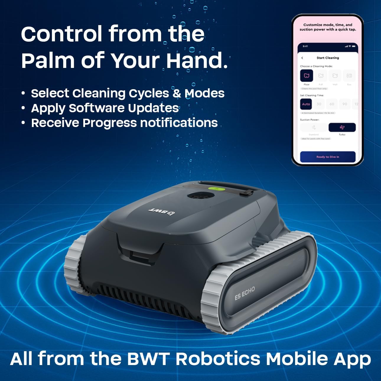 BWT ES Echo Cordless Robotic Pool Cleaner, Cleans Floor, Walls & Waterline, Up to 3-Hour Runtime, 4,000 GPH Suction, for Above-Ground & In-Ground Pools