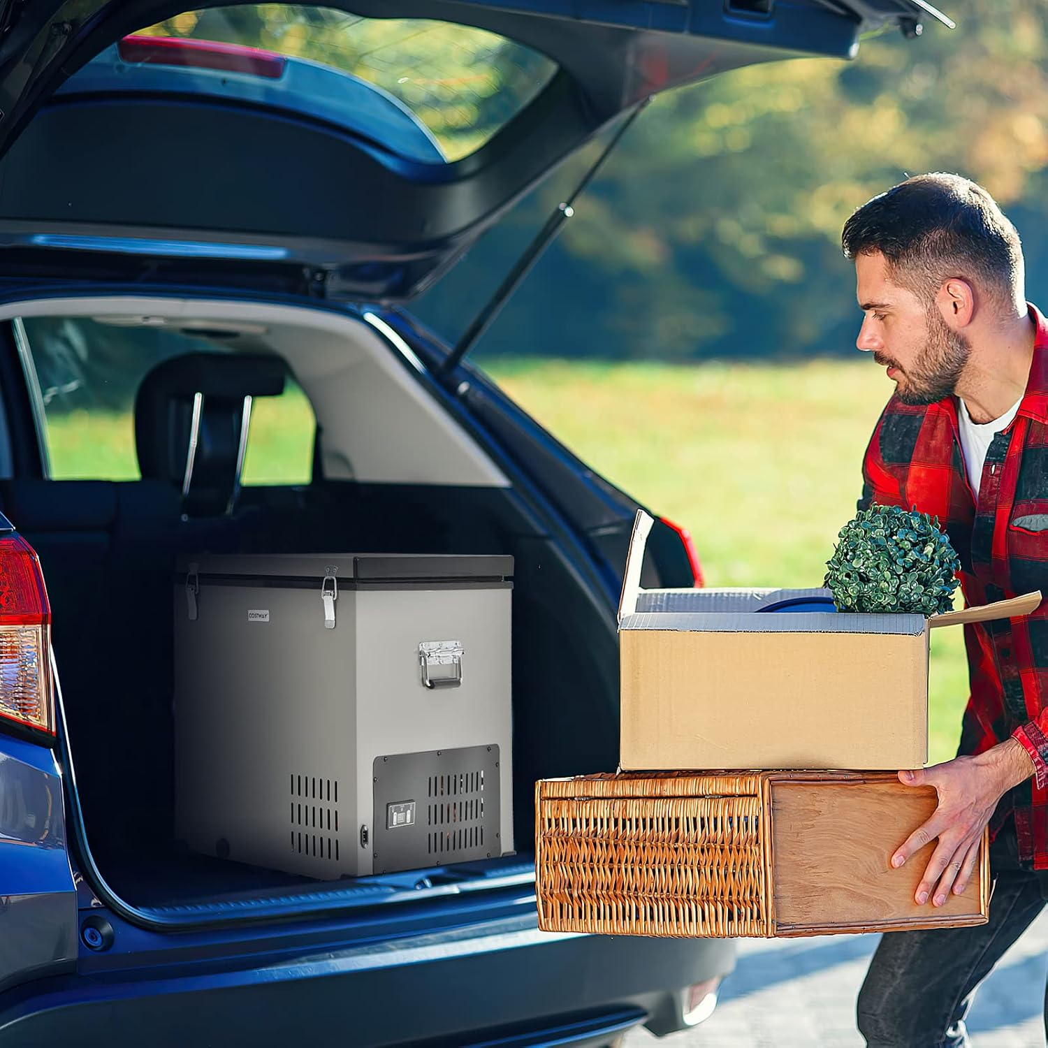 COSTWAY 68-Quart Car Refrigerator, Portable Chest Freezer(-11℉- 50℉) with 12V/24V DC & 110V/240V AC Adapter, Electric Compressor Fridge Cooler for Vehicles, Truck, RV, Camping, Traveling, Grey