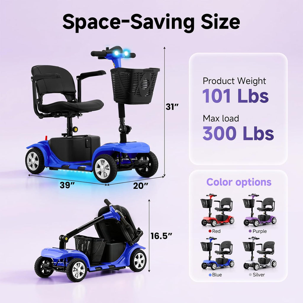 Mobility Scooter for Adults, Senior, 4 Wheels Electric Powered Chargeable Device for Travel, Lightweight Mobility Scooter, with LED Headlights and Basket, Charger Included