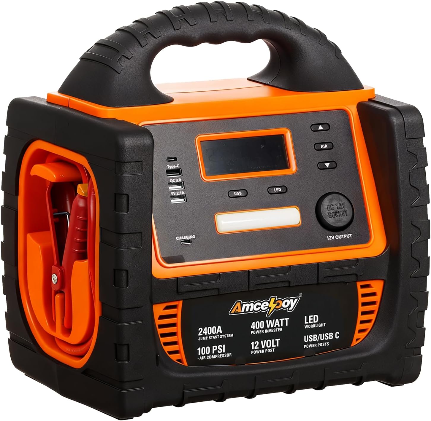 2400A Car Battery Jump Starter and Portable Power Station – Starts 8.0L Gas & 8.0L Diesel – 6-in-1 Jump Starter with Air Compressor 100 PSI Tire Inflator – 400 Watt Inverter AC/DC/USB Outlets