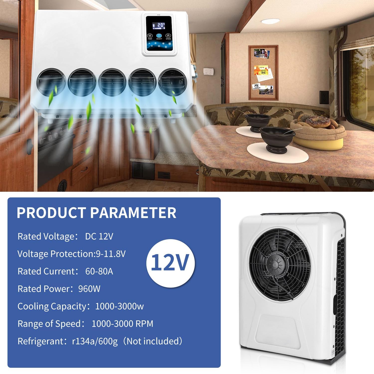 12V Truck Cab Air Conditioner 10000BTU 12 volt Universal dc Air Conditioning Electric Split ac Unit for semi trucks RV Crane Tractor Bus Boat Automotive Camper Van Motorhome New Energy