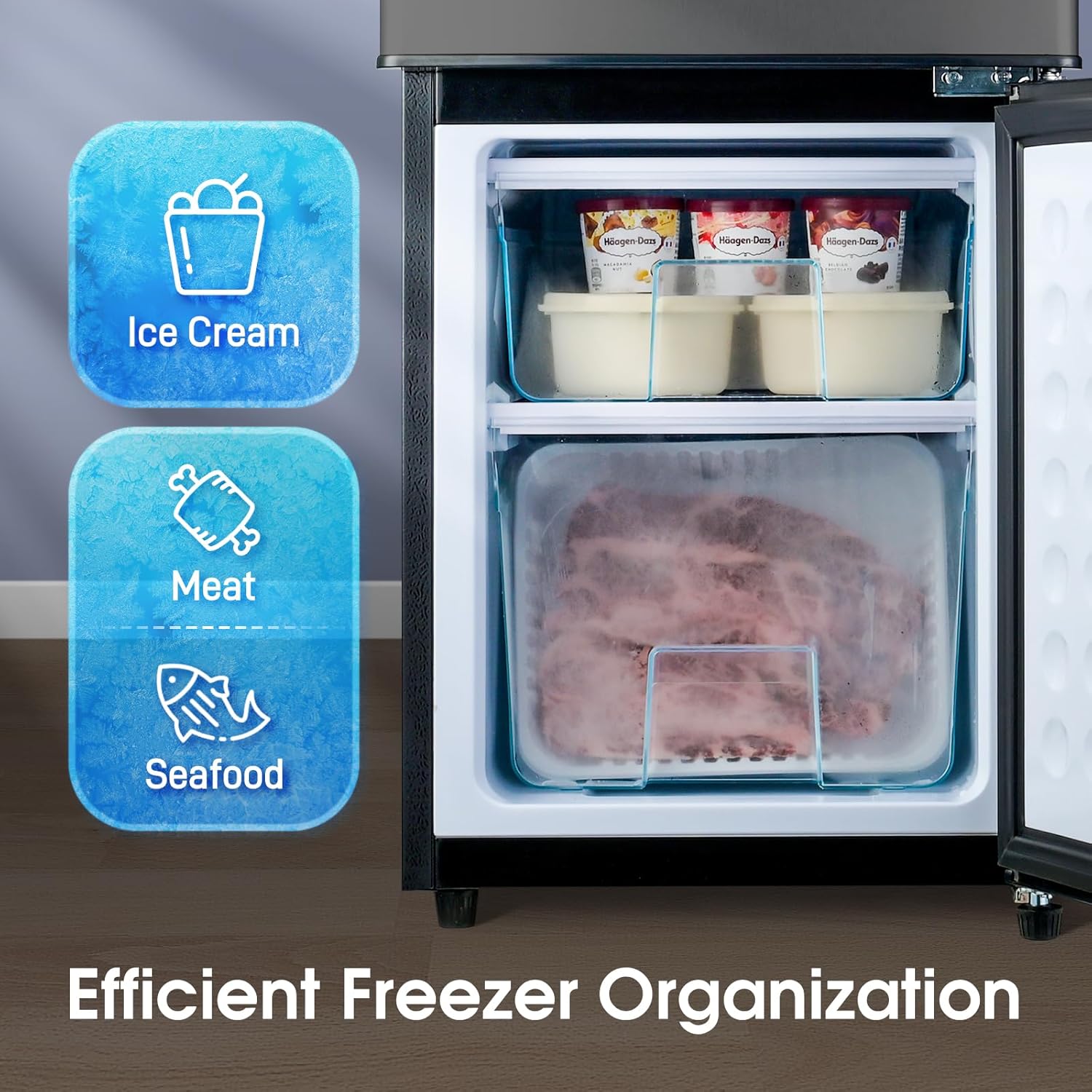 Anypro Double Door Fridge with Bottom Freezer, 4.0 Cu.Ft Refrigerator with Drawer, 7 Adjustable Temperature Settings for Bedroom, Dorm, Office, Apartment, Large Capacity, Black