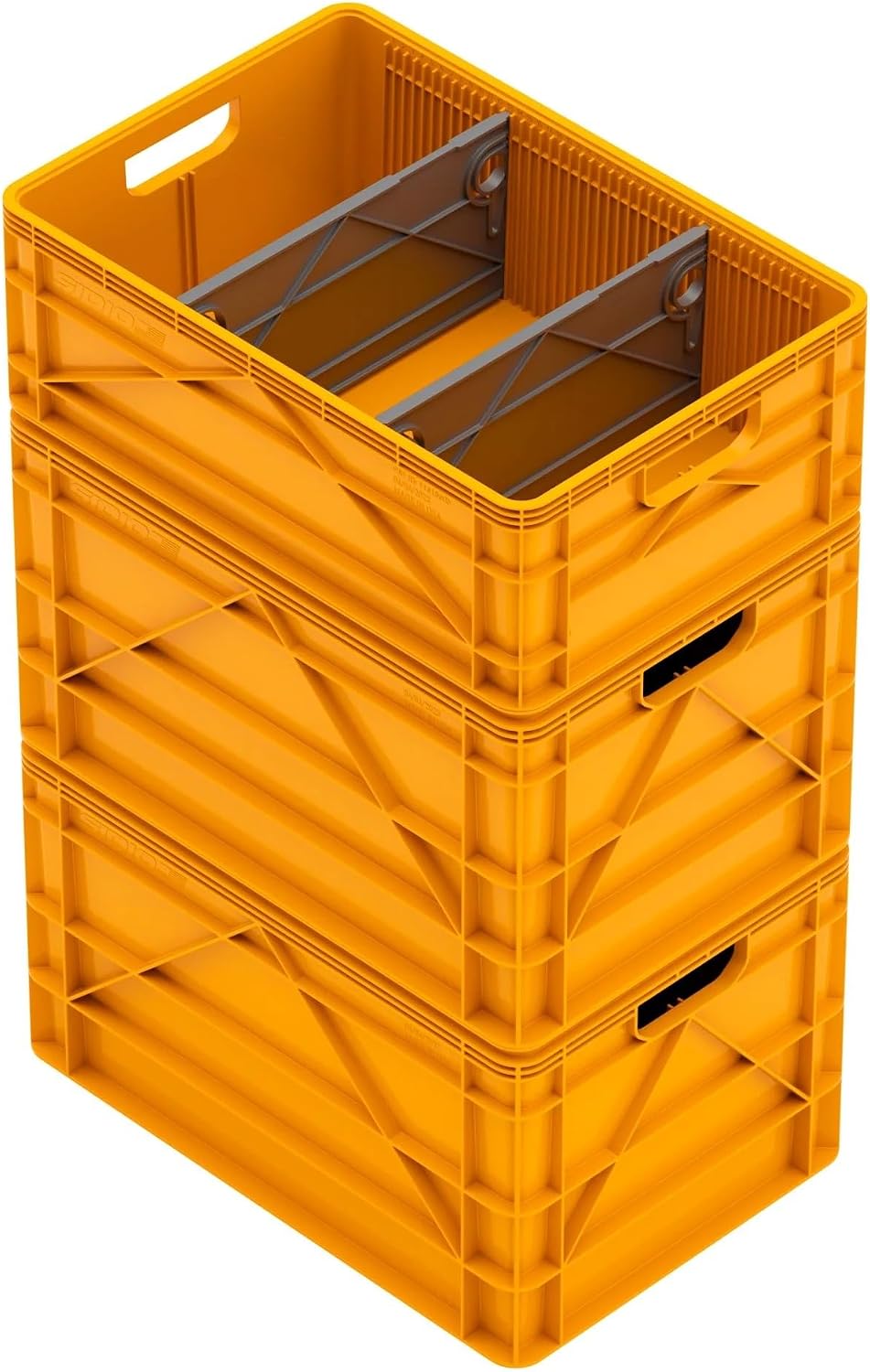 SIDIO Crate Basic Pack - 2 Full-Size & 1 Half-Size Heavy Duty Stackable Storage Bins, Totes and Containers with Dividers - Durable Plastic Organizer for Home, Office, Garage, and Outdoor Use (Sol)