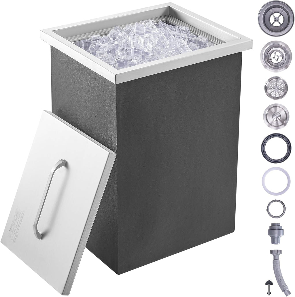 VEVOR Drop in Ice Chest, 14' L x 12' W x 18' H Stainless Steel Ice Cooler, Commercial Ice Bin with Cover, 40 qt Outdoor Kitchen Ice Bar, Drain-Pipe and Drain Plug Included, for Cold Wine Beer