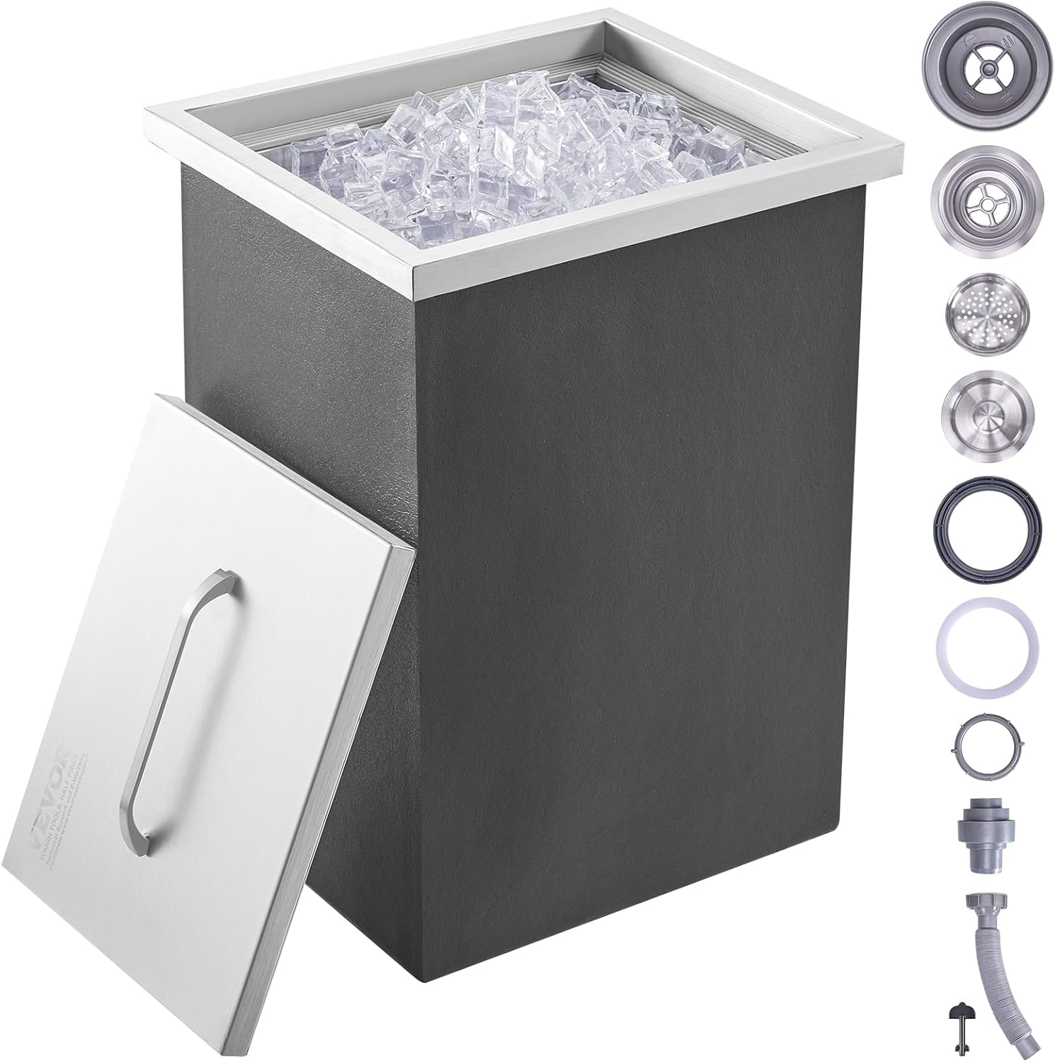 VEVOR Drop in Ice Chest, 14' L x 12' W x 18' H Stainless Steel Ice Cooler, Commercial Ice Bin with Cover, 40 qt Outdoor Kitchen Ice Bar, Drain-Pipe and Drain Plug Included, for Cold Wine Beer