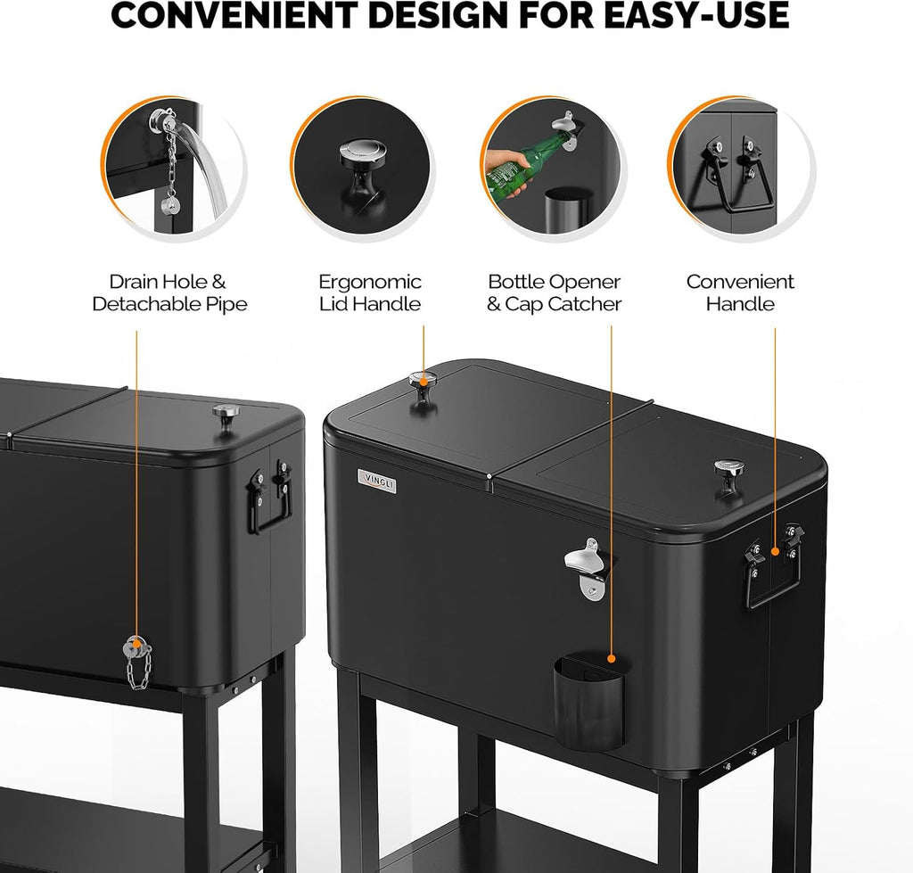 VINGLI Patio Cooler, Rolling Ice Chest on Wheels, Portable Patio Party Bar Drink Cooler Cart, with Shelf, Beverage Pool with Bottle Opener,Water Pipe