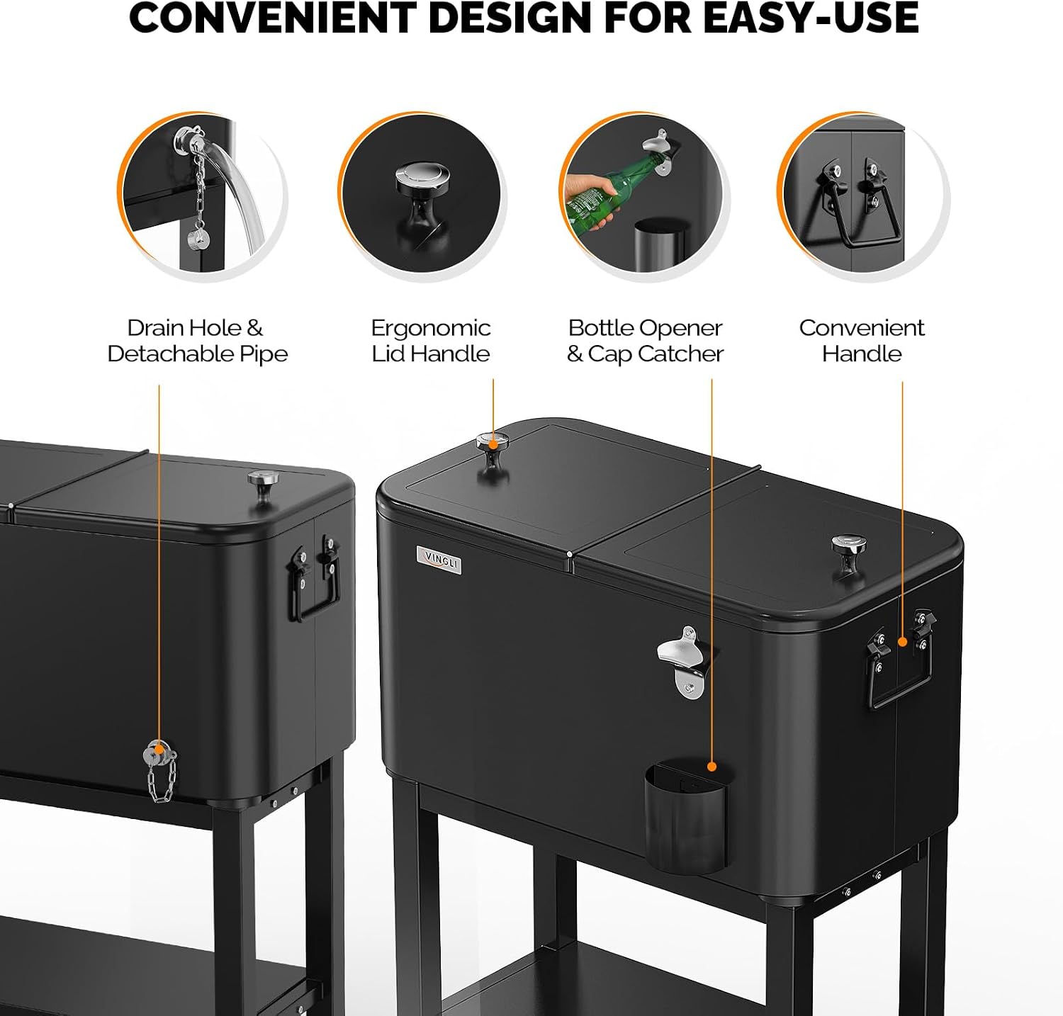 VINGLI Patio Cooler, Rolling Ice Chest on Wheels, Portable Patio Party Bar Drink Cooler Cart, with Shelf, Beverage Pool with Bottle Opener,Water Pipe