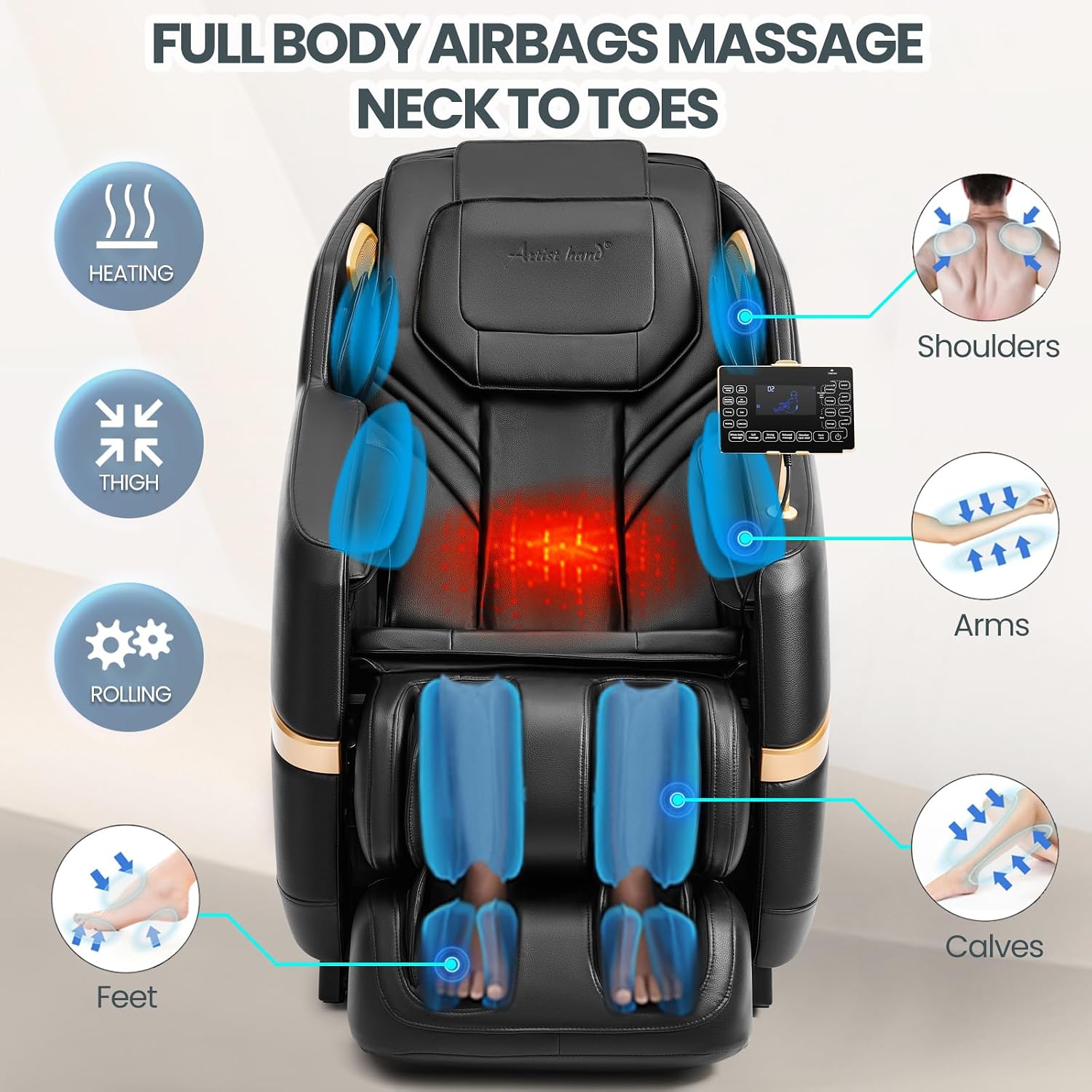 Artist hand Massage Chair Full Body, 2026 Zero Gravity Massage Chair Recliner with 10 Fix Rollers, 6 Modes, Bluetooth Speakers, Waist Heating, Foot Roller Massage, Full-Body Airbags (All Black)