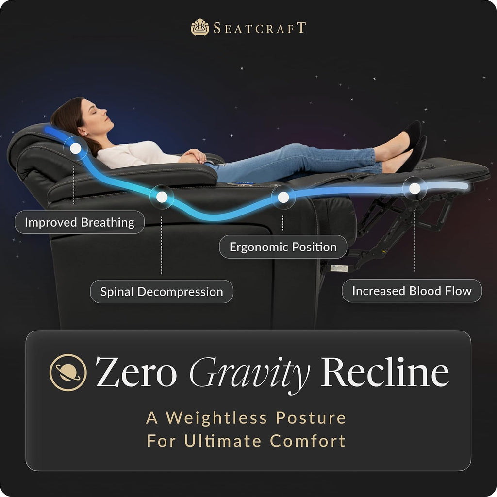 Seatcraft Equinox Zero-Gravity CoolZero Italian Leather Home Theater Seating, Powered Headrest, Powered Lumbar, Powered Recline, Row of 2 Loveseat, Black