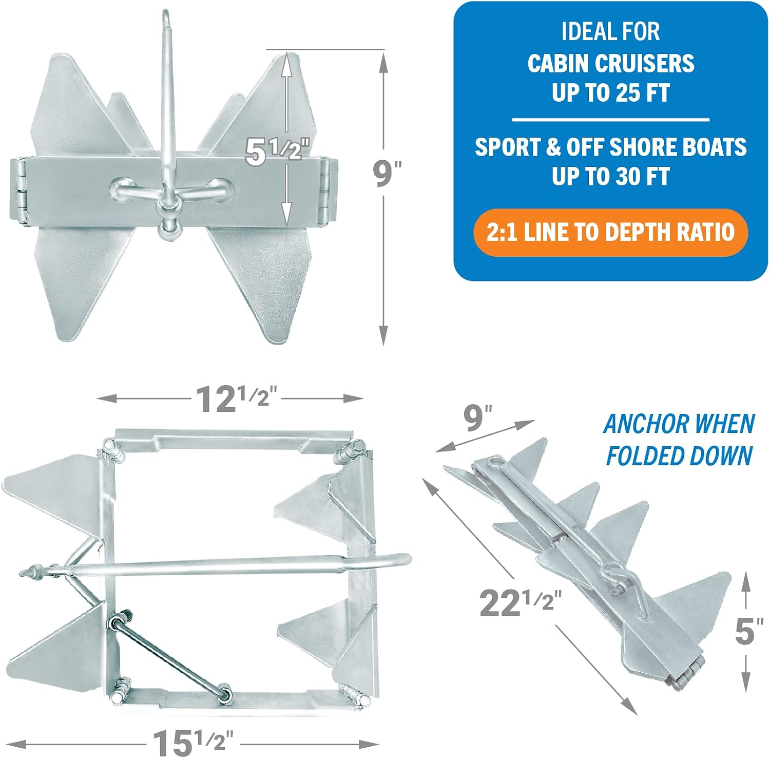 Better Boat Box Anchor for Boats, Folding Boat Anchor Hot Dip Galvanized, Double Sided Slide Anchor for Pontoon Fishing and Cabin Cruiser, Multiple Sizes