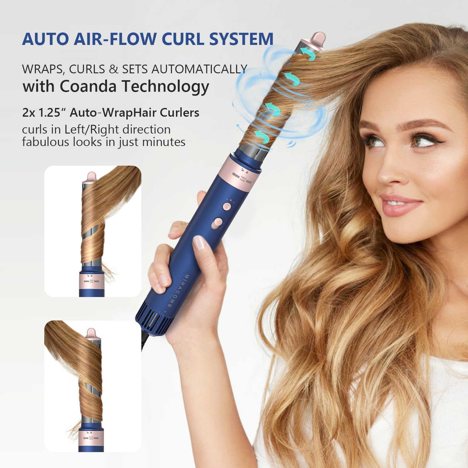 Hair Dryer Brush Professional Hair Multi-Stylers - MIRACOMB Ionic Hot Air Styling System with Auto Wrap Curlers, Brushless Motor, Intelligent Heat Control - Fast Drying - Versatile for All Hair Types