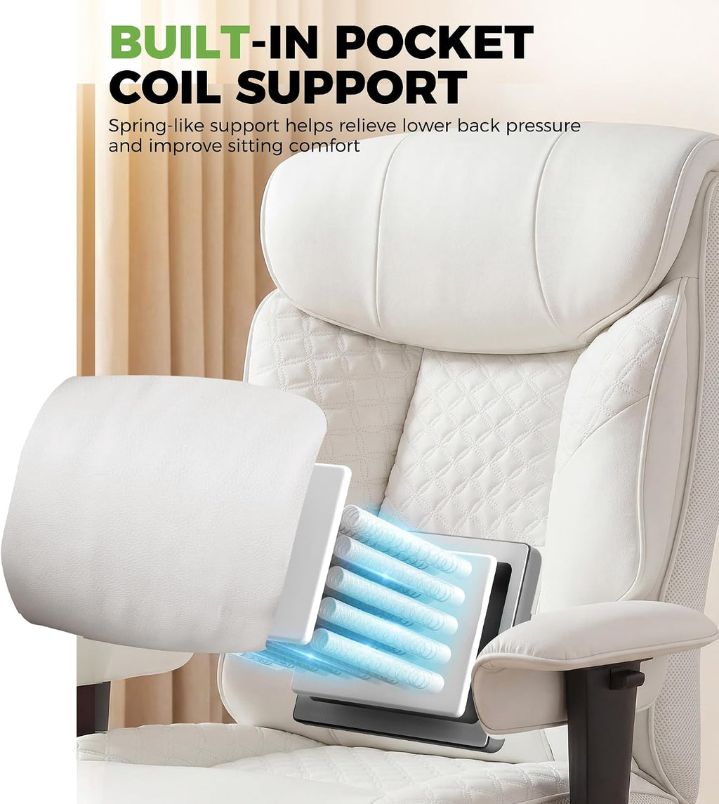 GTPLAYER Big and Tall Office Chair, High Back Computer Gaming Chair with Ergonomic Lumbar Support &Pocket Spring Cushion for Lower Back Pain Relief, Leather Executive Chair with Foot Rest, White