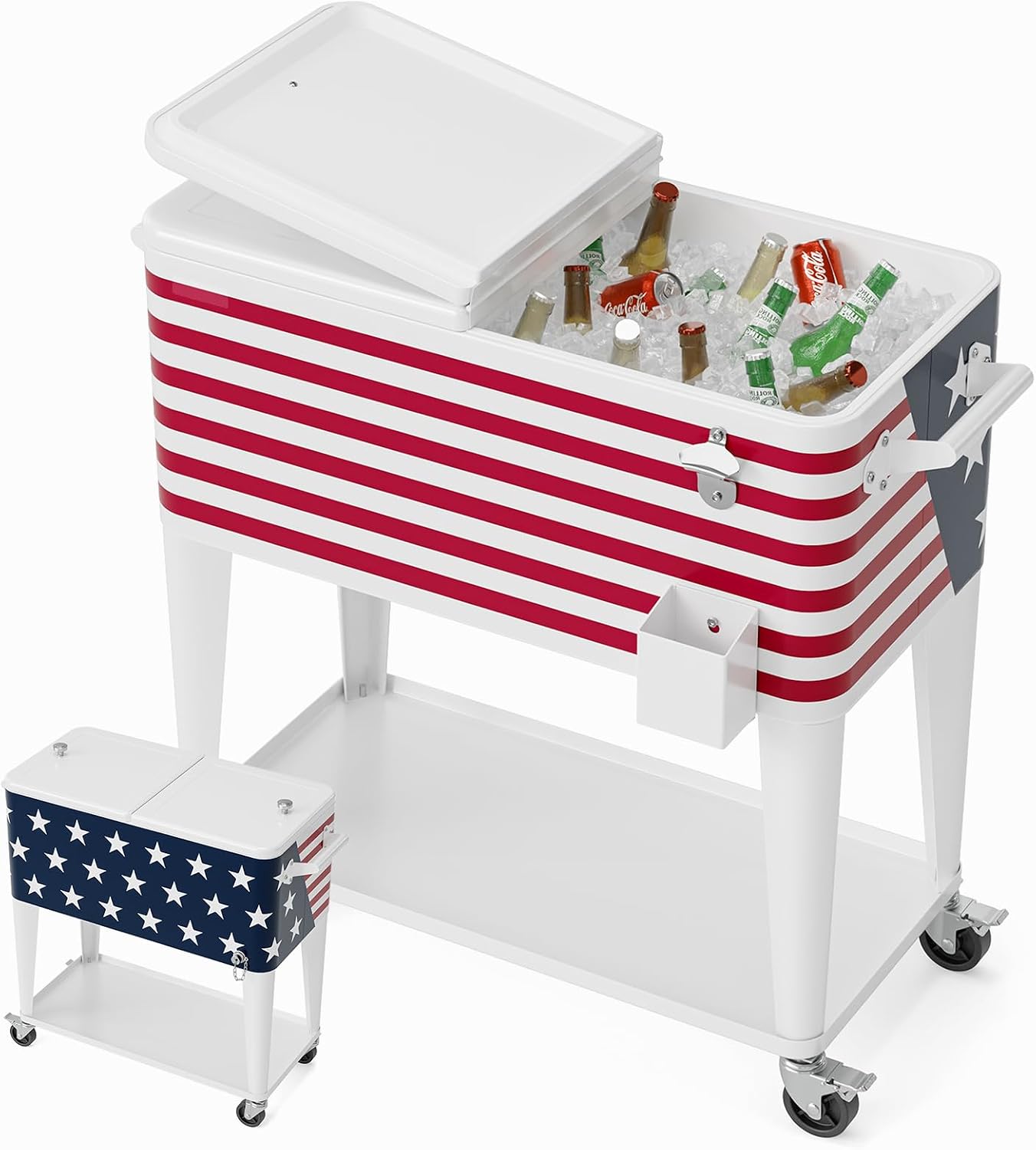 Outvita 80 Quart Rolling Ice Chest, Portable Bar Drink Cooler with Catch Basin, Bottom Storage Tray and Bottle Opener for Patio Party BBQ Beach Activities