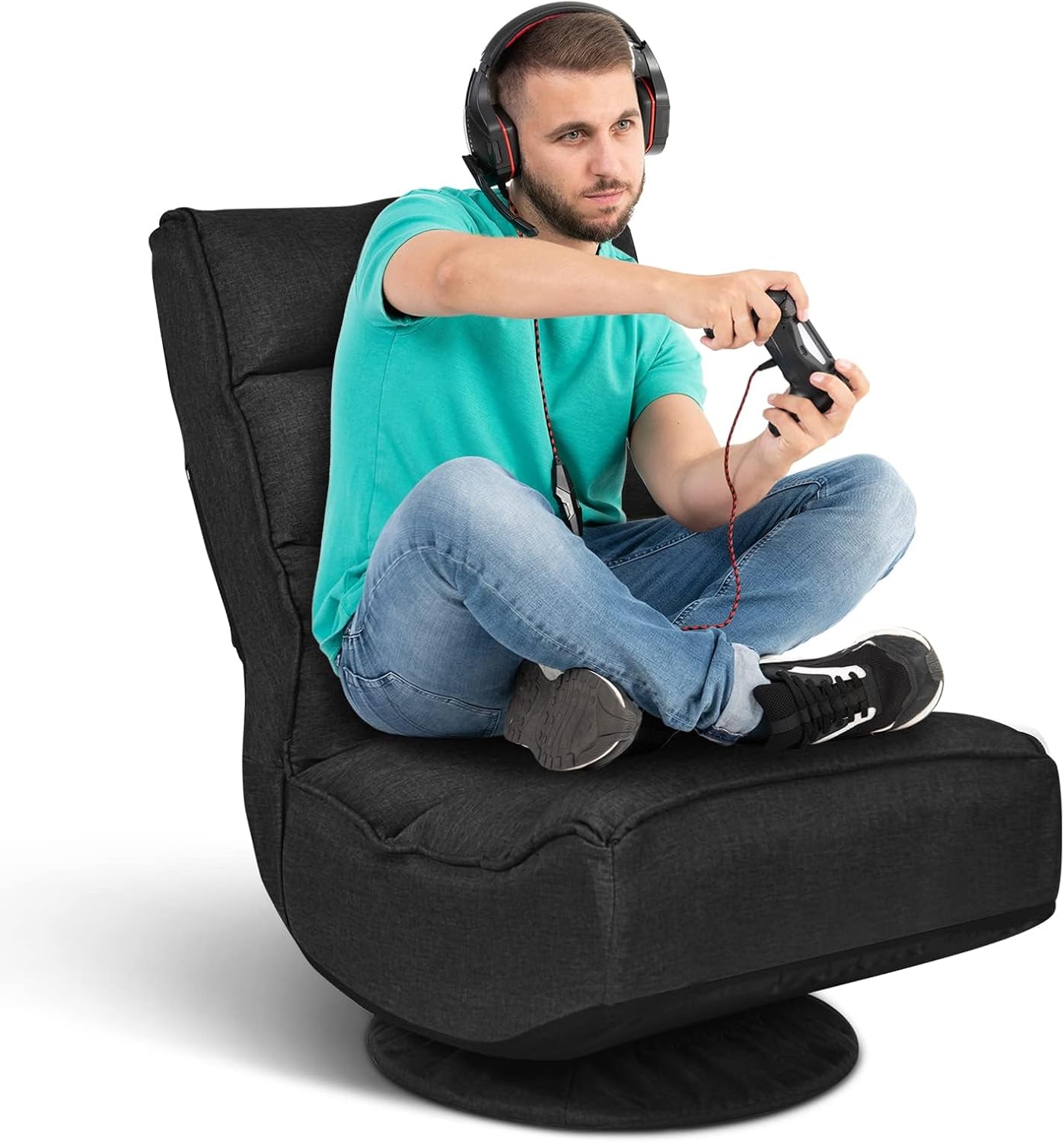 ERGOMASTER Reclining Folding Floor Gaming Chair w/ 360-Degree Swivel, 5 Adjustable Positions（Black）