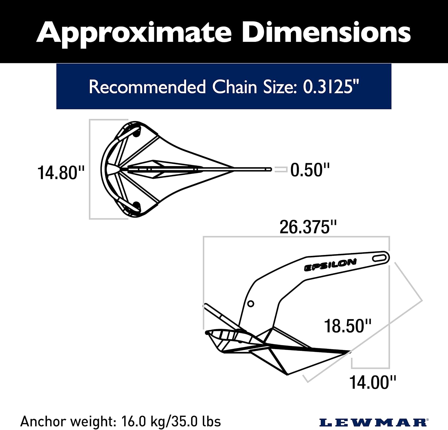 Lewmar Galvanized Steel Epsilon Anchor for Power and Sailboats