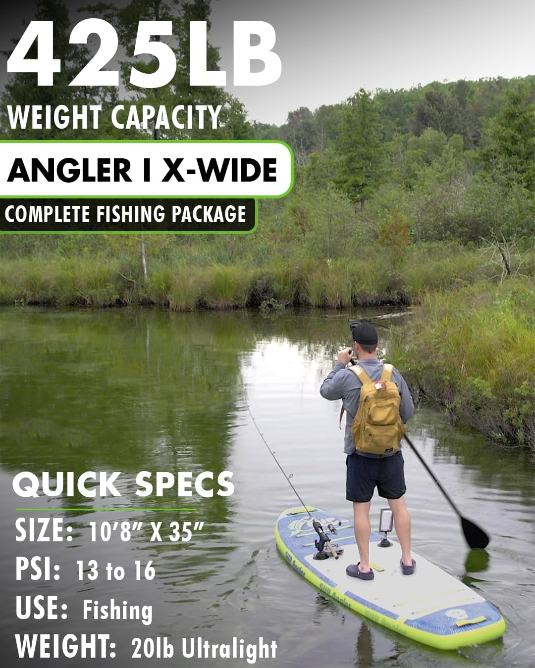 SUP Angler X-Wide Inflatable Fishing Paddle Board with Seat, Choose Accessories Package, Adjustable Fishing Rod Holders, Accessory Ports, Dual Paddle, Quad Bungees, 10'8' X 35'