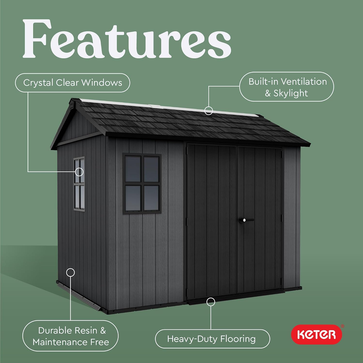 Keter Newton Plus 7.5x9 Ft All-Weather Storage Shed with Skylight, Window, Built-in Ventilation, Customizable Walls, & Lockable Double Doors, Graphite