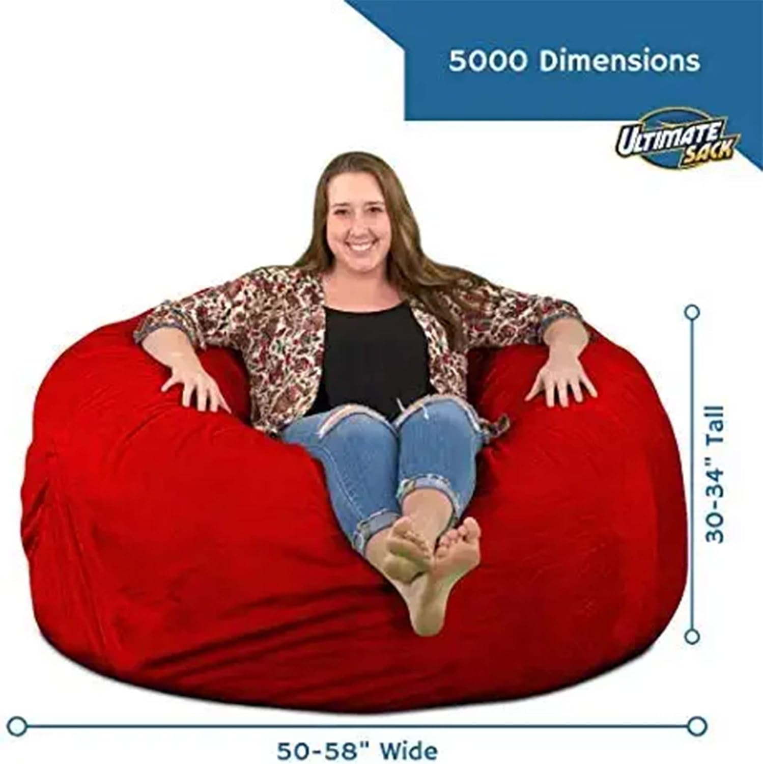 ULTIMATE SACK 5000 5-Foot Bean Bag Chair, Red Suede Cover – Oversized Foam Lounger, Floor Seat, Small Sofa, or Couch Bed for Living Area, Gaming Room, or Reading Lounge