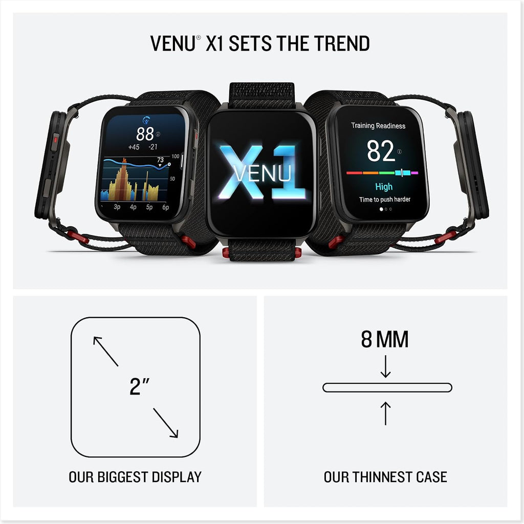 Garmin Venu X1 Thin & Lightweight GPS Smartwatch, Black | AMOLED Display, Advanced Health and Fitness Features, Sleep Tracking, 100+ Sports Apps | Signature Series Modern Power Stand Bundle