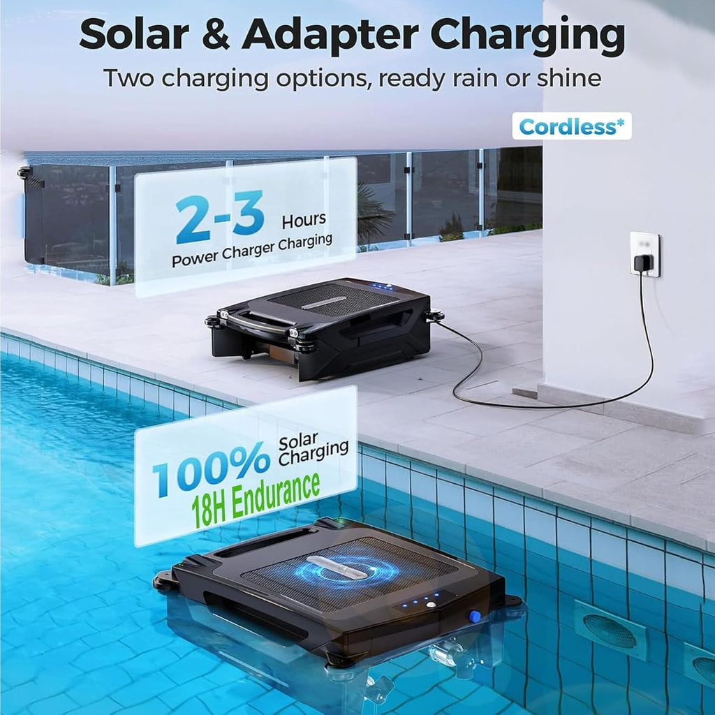 Automatic Solar Robotic Pool Cleaner - Auto Avoidance & Escape Function + 2 Cleaning Modes + Brushless Motors, Cordless Pool Skimmer for Cleaning Pools up to 80m²