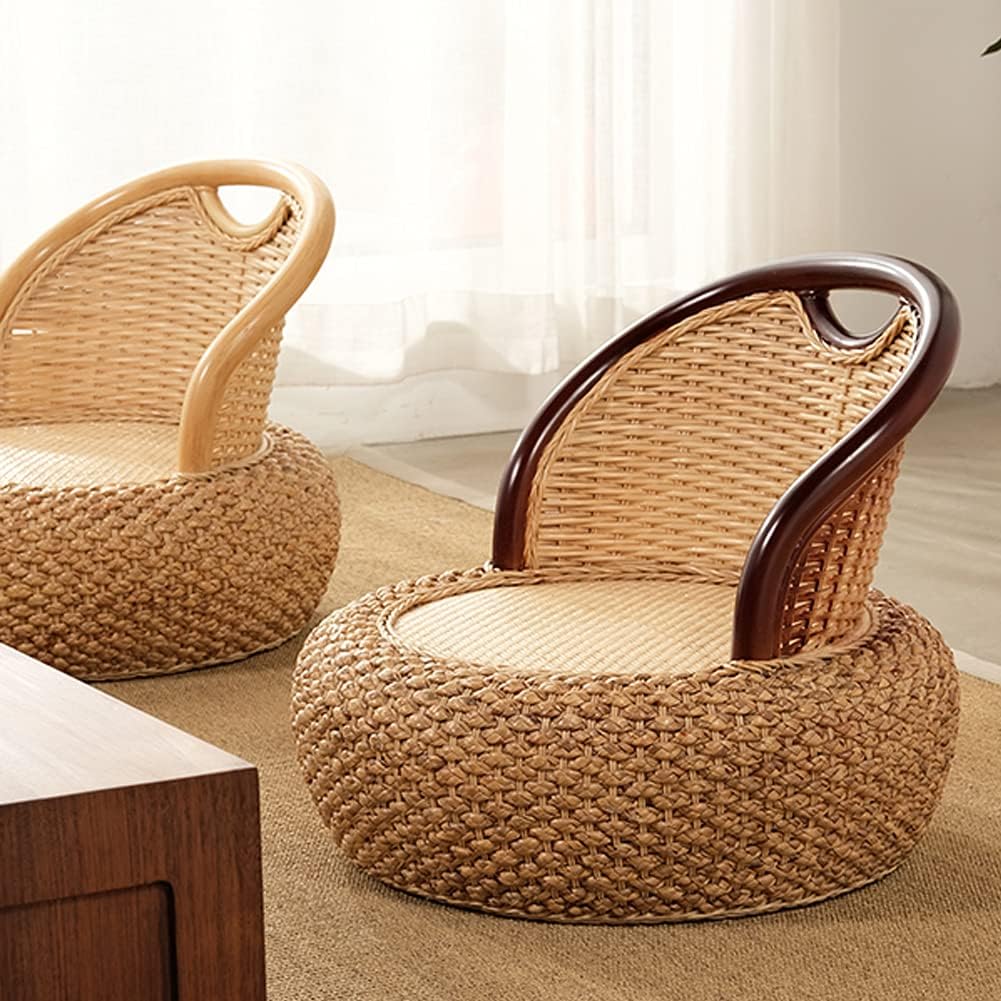 Round Rattan Floor Chair with Ergonomic Backrest - Lazy Chair Tatami Seat Meditation Futon for Home and Office Decoration (Light Brown)
