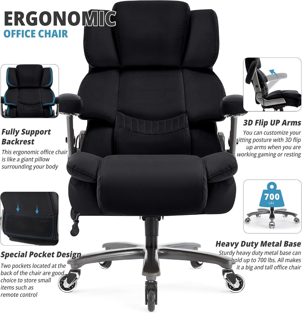 Fabric 700lbs Big and Tall Office Chair-Large Computer Chair with Adjustable Lumbar Support 3D Flip Arms Plus Size Wheels, High Back Executive Desk Chair, Heavy Duty Metal Base, Thick Padded Wide Seat