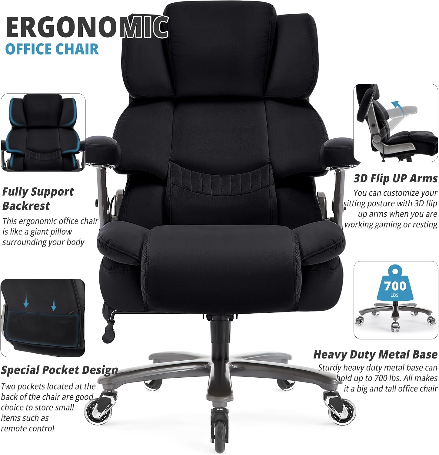 Fabric 700lbs Big and Tall Office Chair-Large Computer Chair with Adjustable Lumbar Support 3D Flip Arms Plus Size Wheels, High Back Executive Desk Chair, Heavy Duty Metal Base, Thick Padded Wide Seat