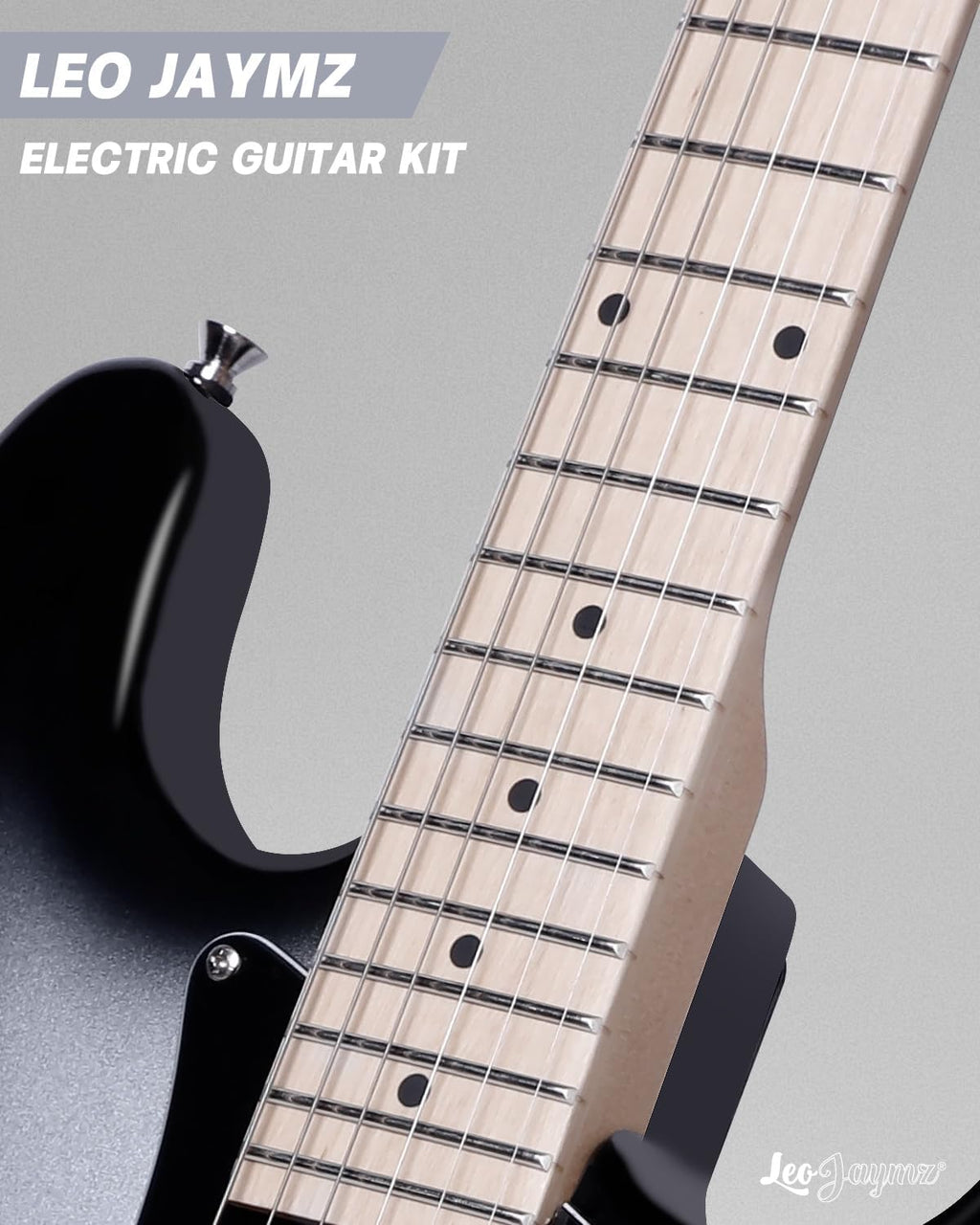 Leo Jaymz 39' Full Size ST Style Electric Guitar Starter Kit with SSS Pickups, 5W Portable Amp, Tuner, Gig Bag, Strap & Accessories(Silver Black 5W)