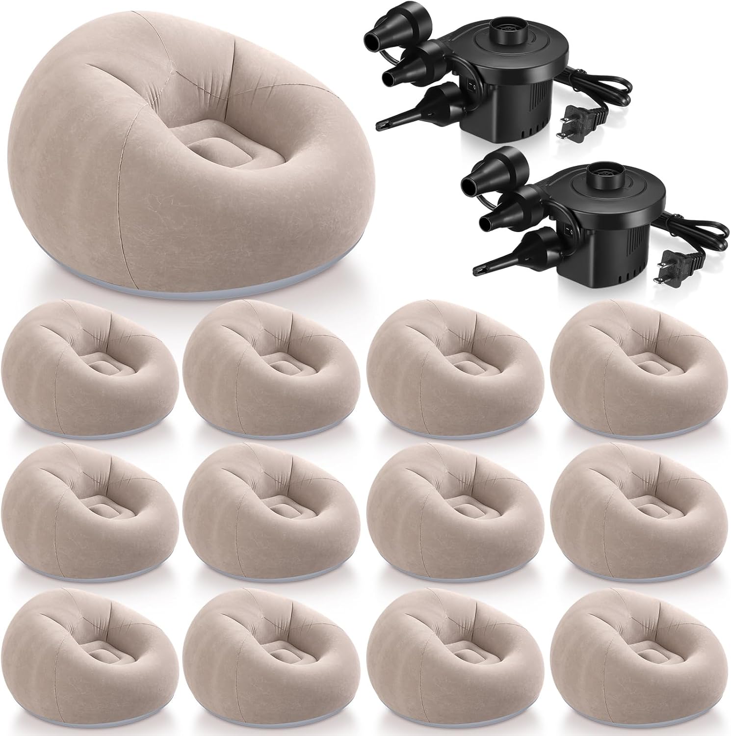 Realspring 6 9 12 Pcs Inflatable Bean Bag Chairs for Adults with Electric Air Pump, Blow up Couch Folding Portable Inflatable Couch Lazy Sofa for Outdoor Movie Night Camping(Coffee,12 Pcs)