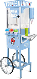 Nostalgia Snow Cone Shaved Ice Machine - Retro Cart Slushie Machine Makes 72 Icy Treats - Includes Metal Scoop, 2 Syrup Bottles, 100 Paper Cups/Spoons, Storage Compartment, Wheels - Blue, 54' Tall