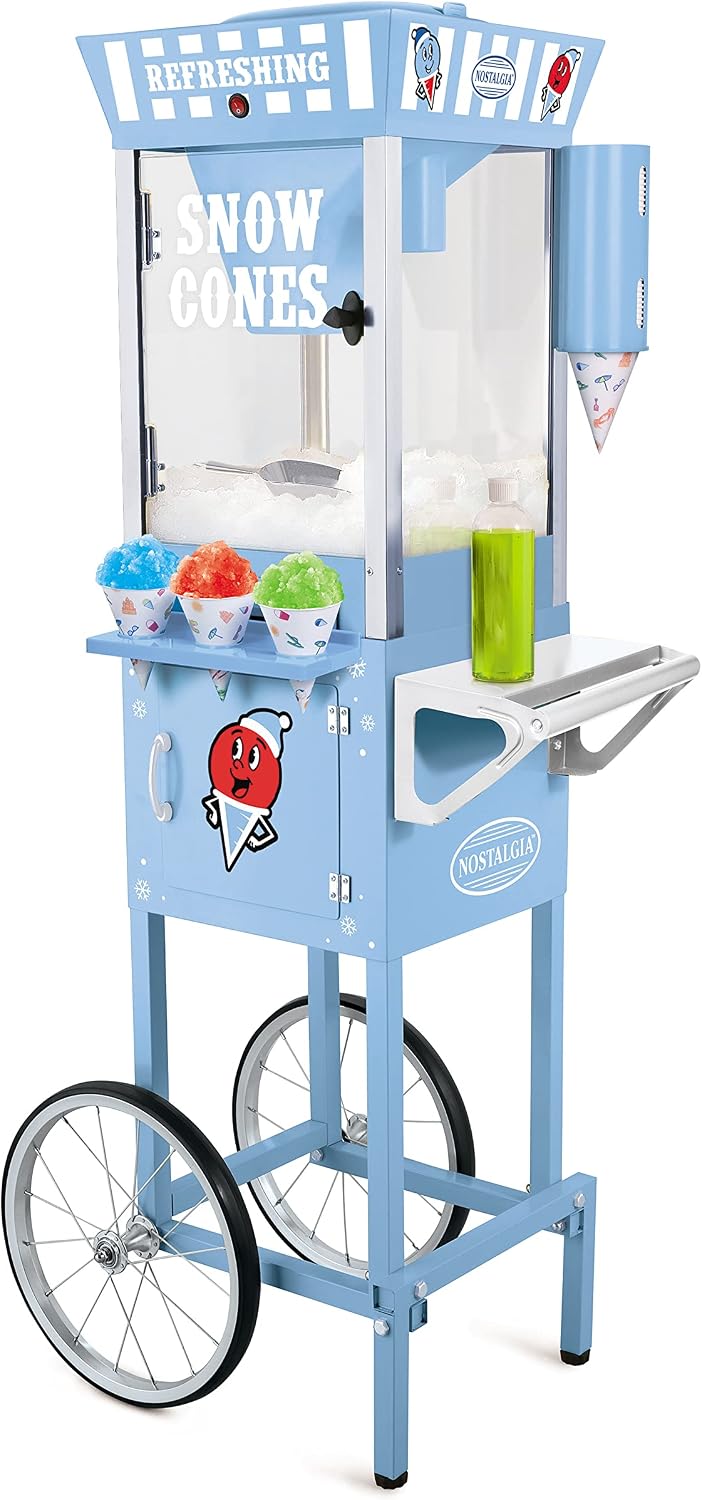 Nostalgia Snow Cone Shaved Ice Machine - Retro Cart Slushie Machine Makes 72 Icy Treats - Includes Metal Scoop, 2 Syrup Bottles, 100 Paper Cups/Spoons, Storage Compartment, Wheels - Blue, 54' Tall