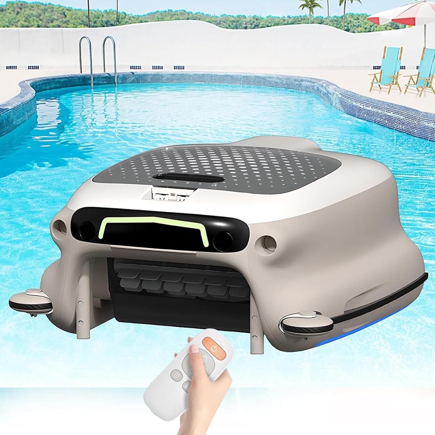 Robotic Pool Cleaner,Cordless Solar Robotic Pool Skimmer,with 7800mah Battery+10l Waste Collection Drawer+Remote Control+Auto Obstacle Avoidance,for Cleaning Hair,Fallen Leaves