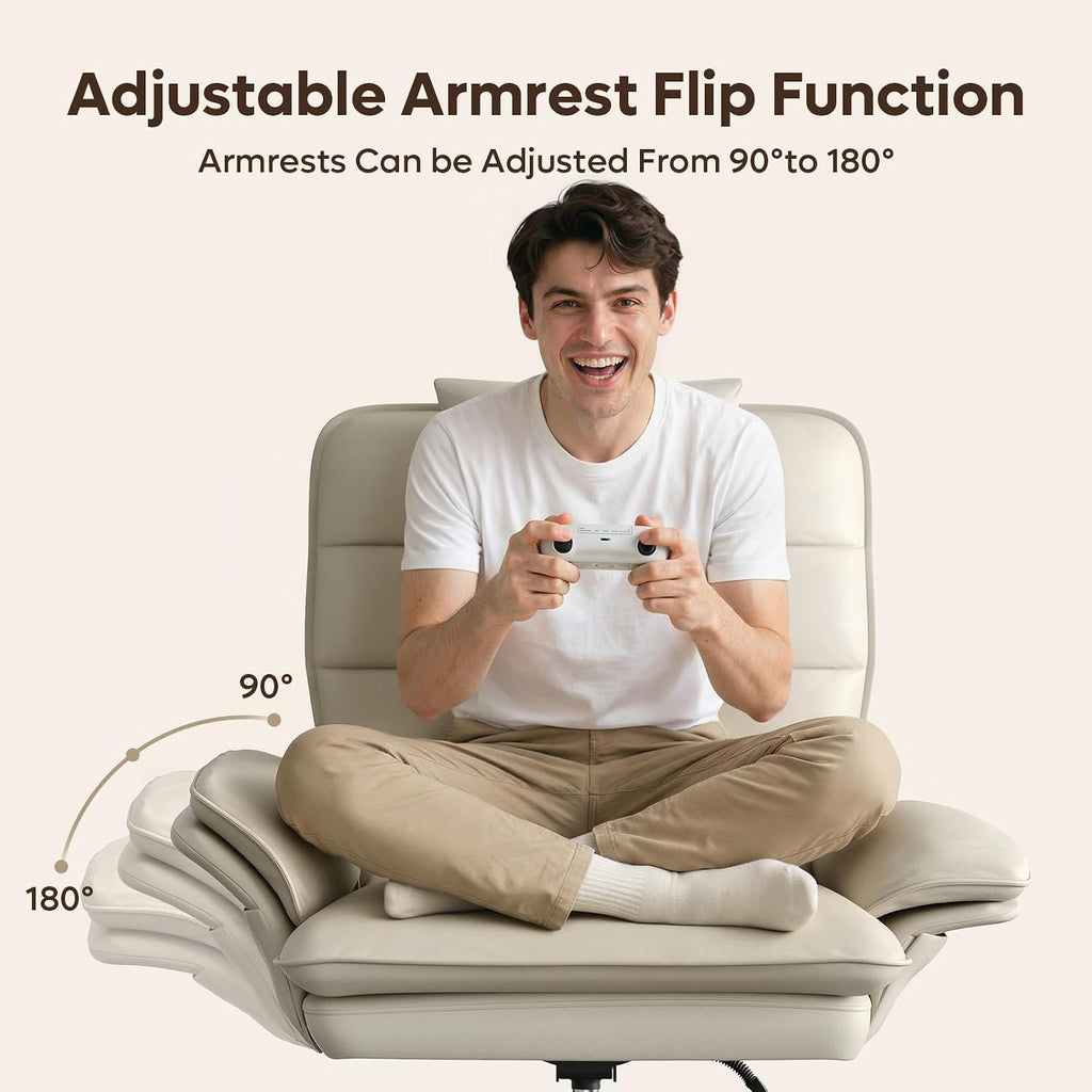 Bestier Cross Legged Office Chair Criss Cross Chair with Adjustable Arms 135° Reclining PU Leather Executive Chair with Wheels Big and Tall Computer Desk Chair for Home Office Beige