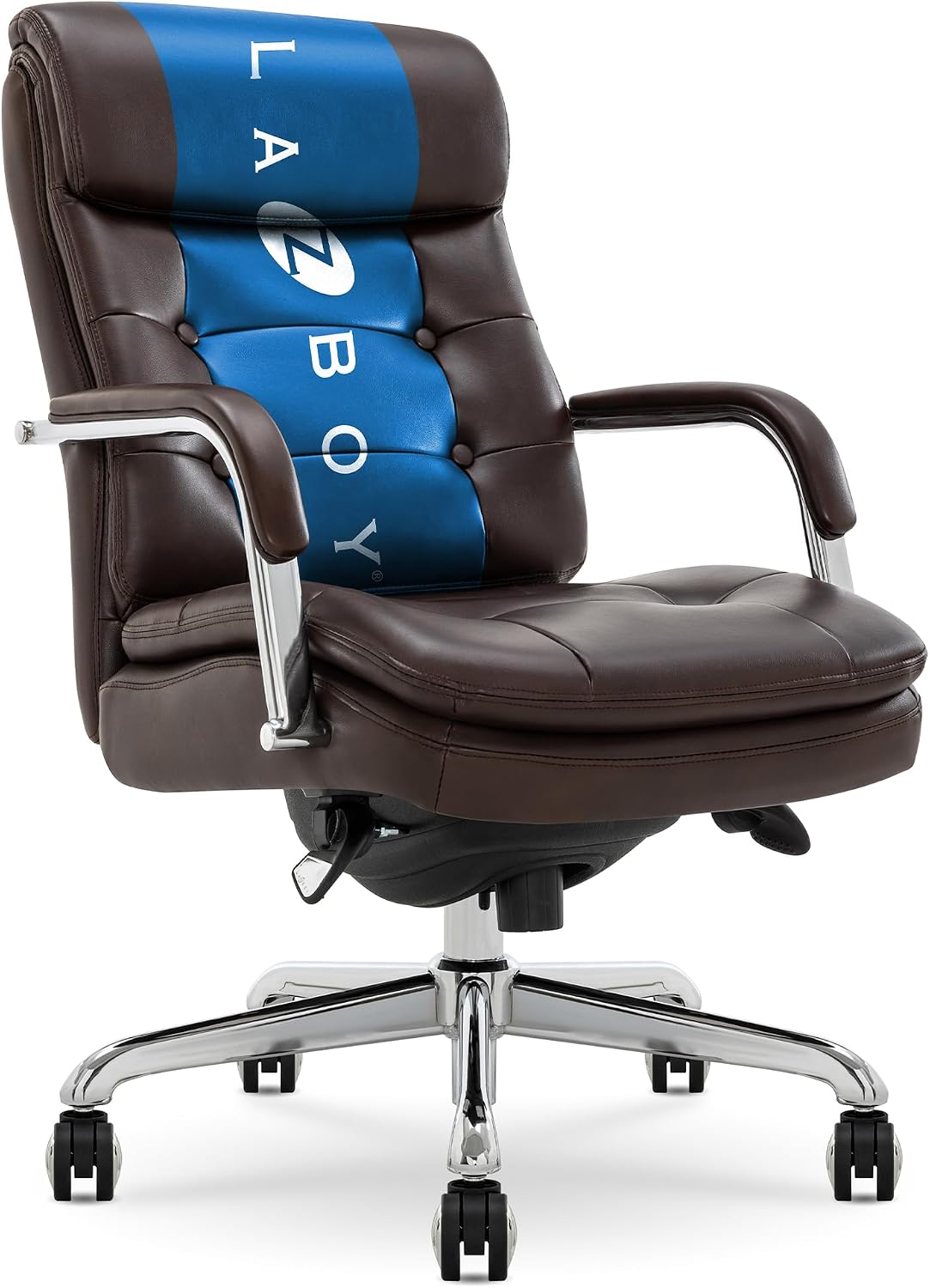 La-Z-Boy Sonata Executive Mid-Back Office Chair, Button-Tufted Seat and Back, Double-Layer Cushion, Padded Armrests, Ergonomic Computer DeskChair, Swivel Metal Base, Bonded Leather, Dark Brown/Chrome