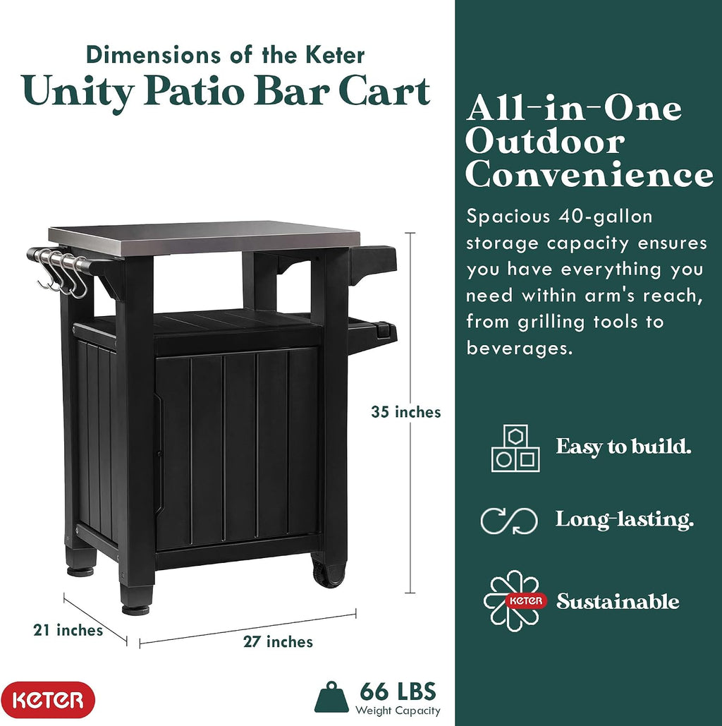 Keter Unity 40 Gallon Stainless Steel Top Grilling Bar Cart with Borneo 110 Gallon Plastic Outdoor Furniture Storage Deck Box, Brown
