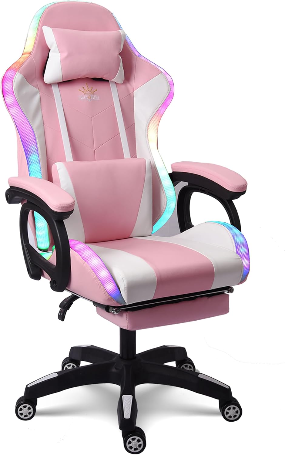 Video Gaming Chair with Speakers and RGB Lights, Ergonomic Chair with Seven-Point Massage Function, Computer Chair with Footrest and Lumbar Support Gaming Chairs for Adults,Pink