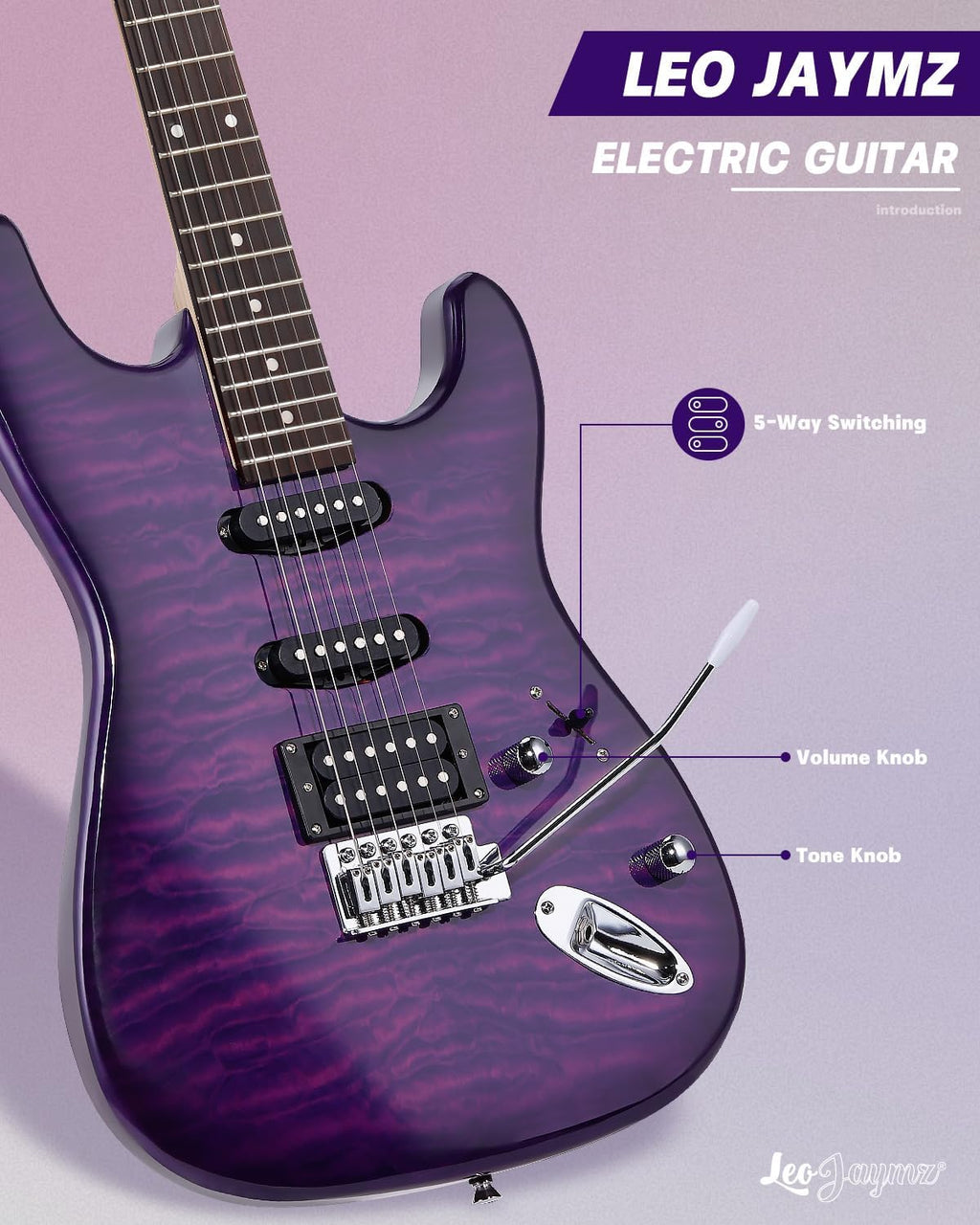 Leo Jaymz 39' Full Size ST Style Electric Guitar Starter Kit with SSH Pickup, 5W Portable Amp, Tuner, Gig Bag, Strap & Accessories (Violet Ocean)