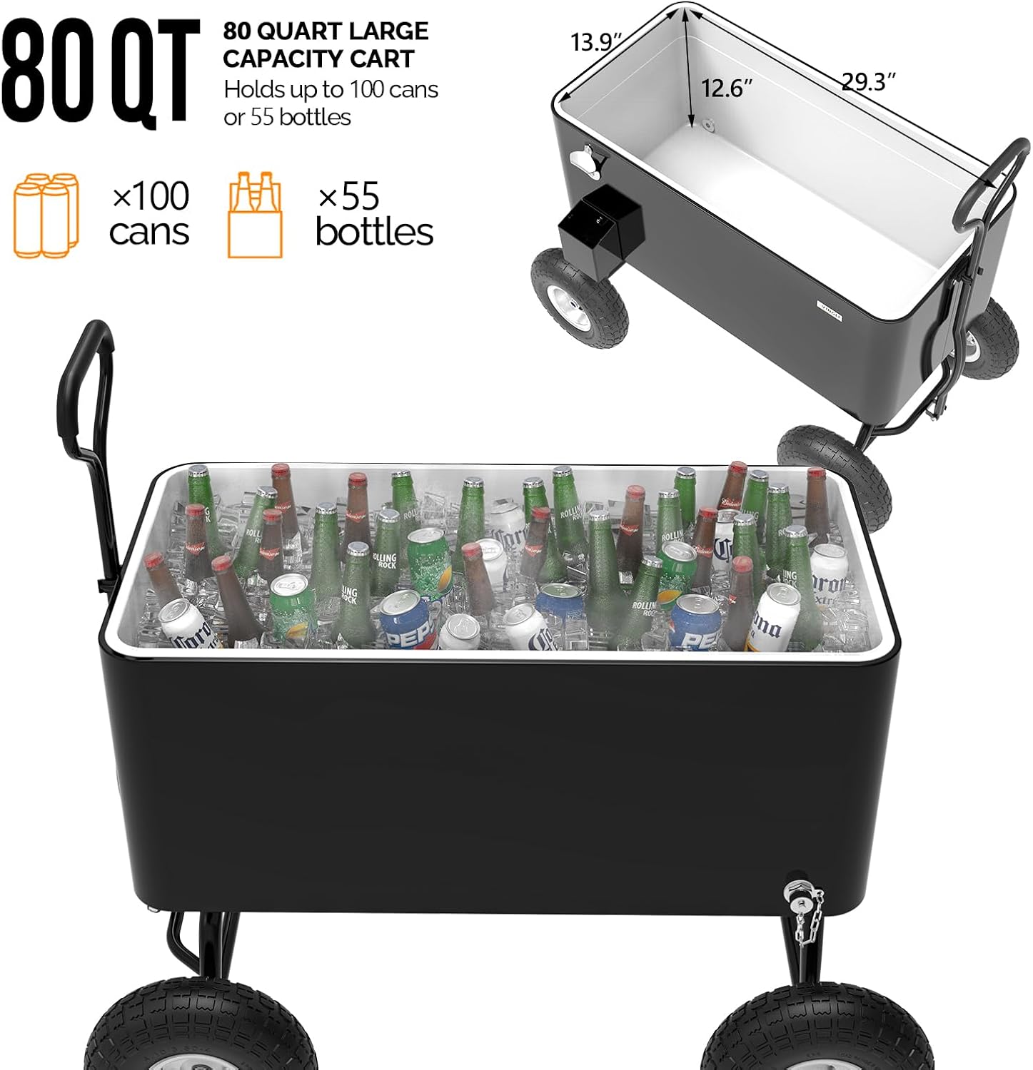 VINGLI 80 Quart Wagon Rolling Cooler Ice Chest, w/Long Handle and 10' Wheels, Portable Beach Patio Party Bar Cold Drink Beverage, Outdoor Park Cart on Wheels