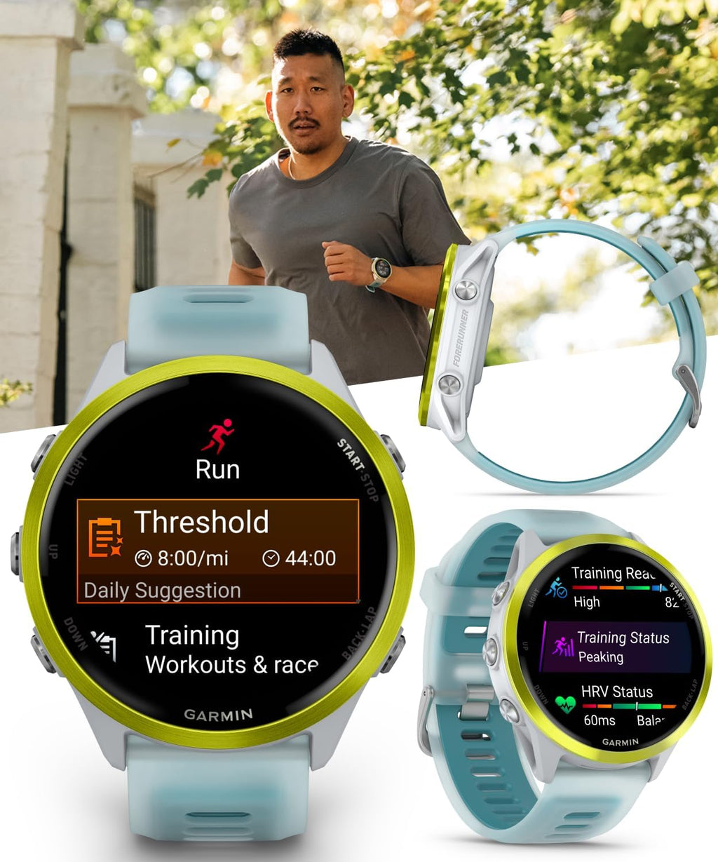 Garmin Forerunner 570 47mm Advanced GPS Running & Triathlon Smartwatch AMOLED Display Training & Recovery Amp Yellow Aluminum w/Translucent Whitestone/Turquoise Band w/ Wearable4U Black EarBuds Bundle