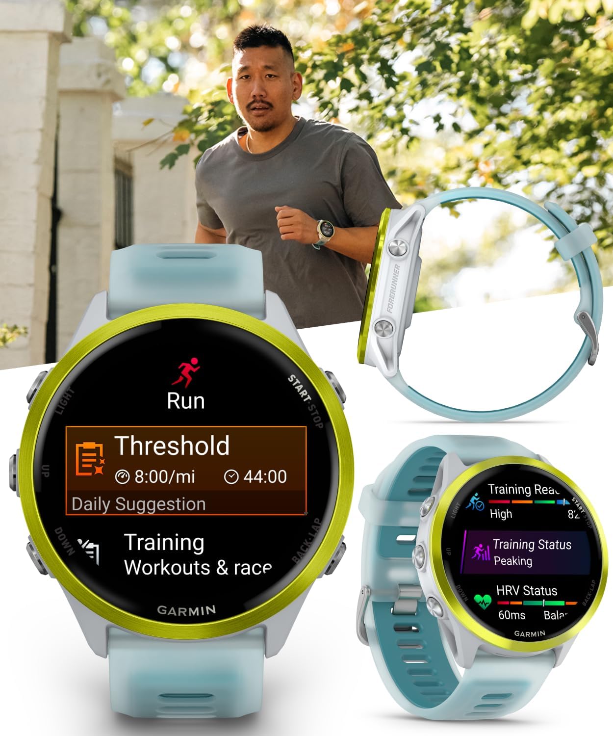 Garmin Forerunner 570 47mm Advanced GPS Running & Triathlon Smartwatch, AMOLED Display, Training & Recovery, Amp Yellow Aluminum w/Translucent Whitestone/Turquoise Band w/ Wearable4U PowerBank Bundle