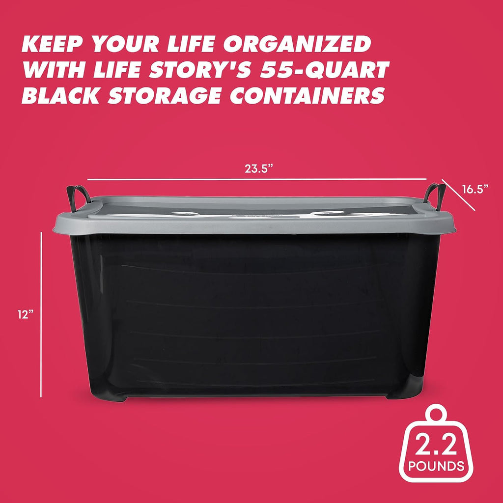 Life Story 18 Pack Heavy Duty Stackable Storage Bin, 55 Quart Home Organizer, Versatile Lightweight Locking Bins with Carrying Handles, Black/Gray