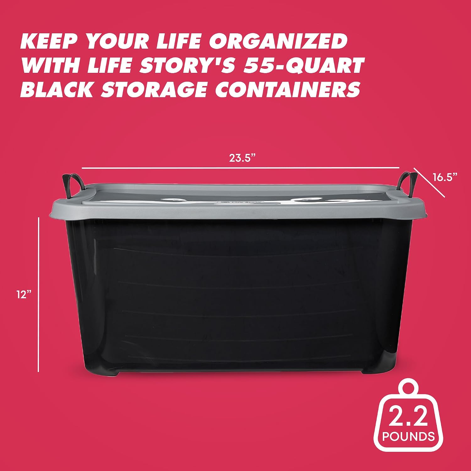 Life Story 18 Pack Heavy Duty Stackable Storage Bin, 55 Quart Home Organizer, Versatile Lightweight Locking Bins with Carrying Handles, Black/Gray