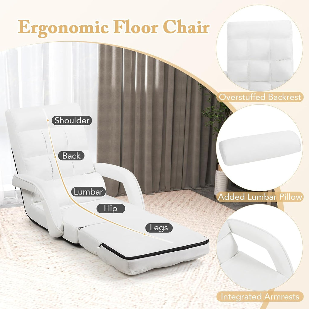 KOMFOTT Foldable Floor Lazy Sofa Chair, Indoor Chaise Lounge Chair with 6 Positions Adjustable Backrest, Detachable Seat Cushion, Armrests & Pillow, Cozy Floor Chair for Living Room, Bedroom (White)