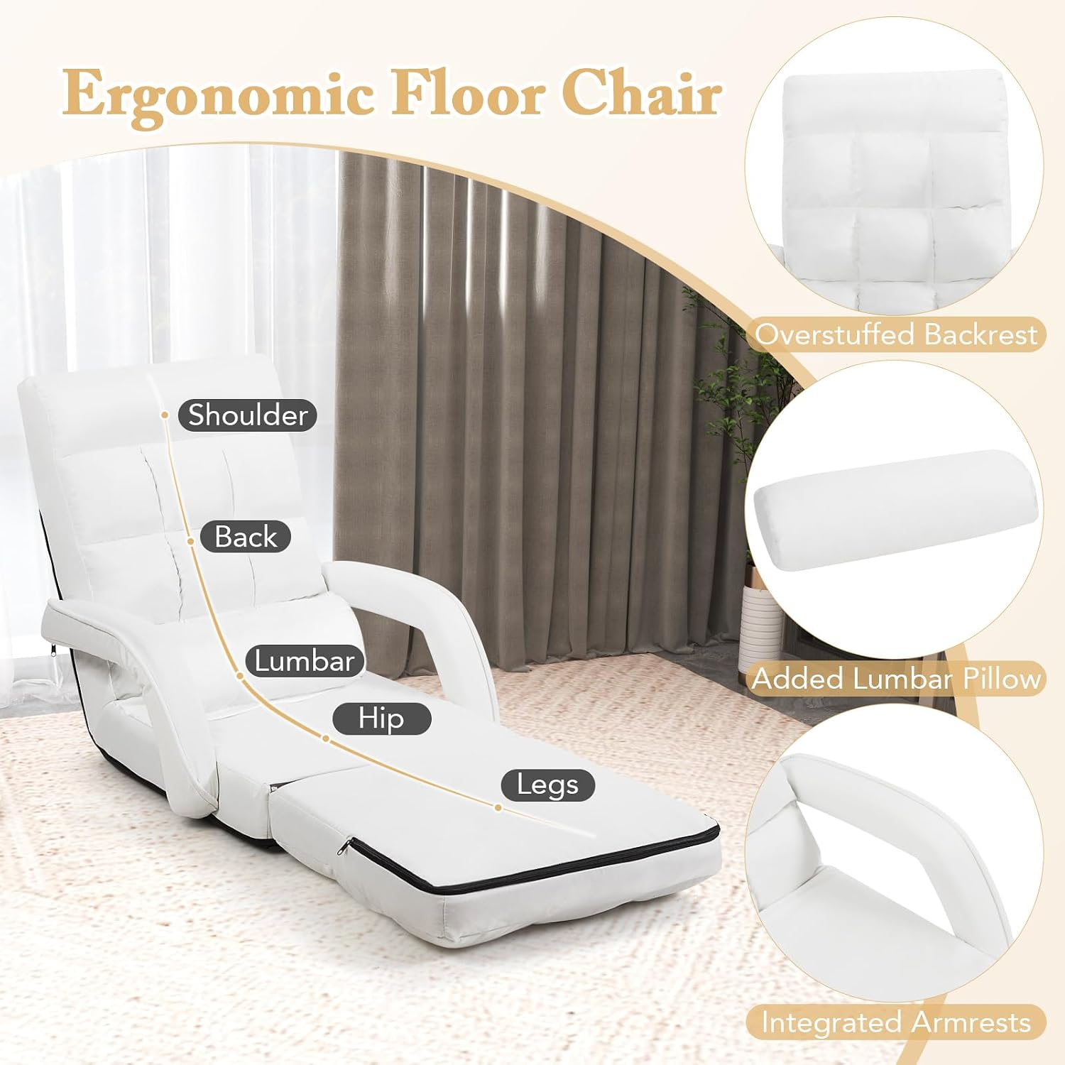 KOMFOTT Foldable Floor Lazy Sofa Chair, Indoor Chaise Lounge Chair with 6 Positions Adjustable Backrest, Detachable Seat Cushion, Armrests & Pillow, Cozy Floor Chair for Living Room, Bedroom (White)