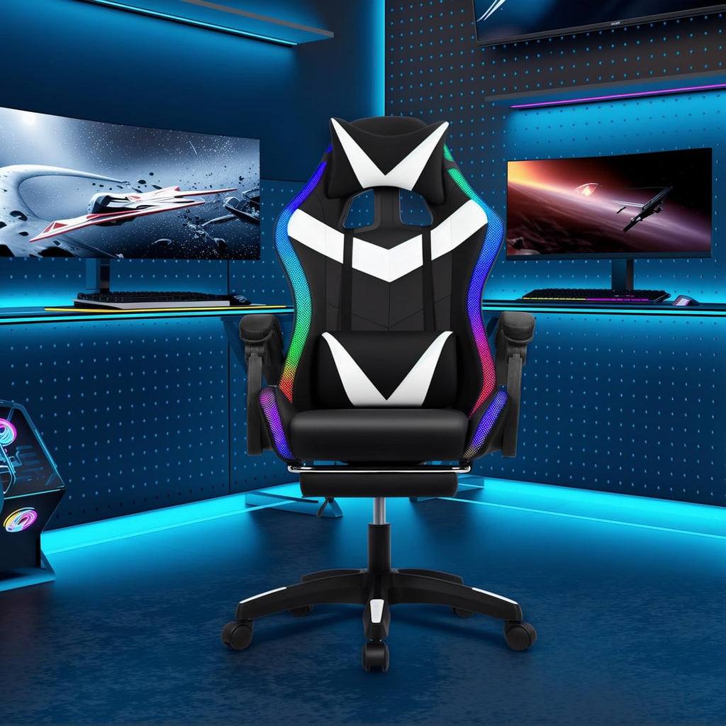 Gaming Chair with Bluetooth Speakers and LED Lights, Gamer Chair with Height Adjustable, Ergonomic Massage Computer Gaming Chair with Footrest, Video Game Chair with Lumbar Support for Adults