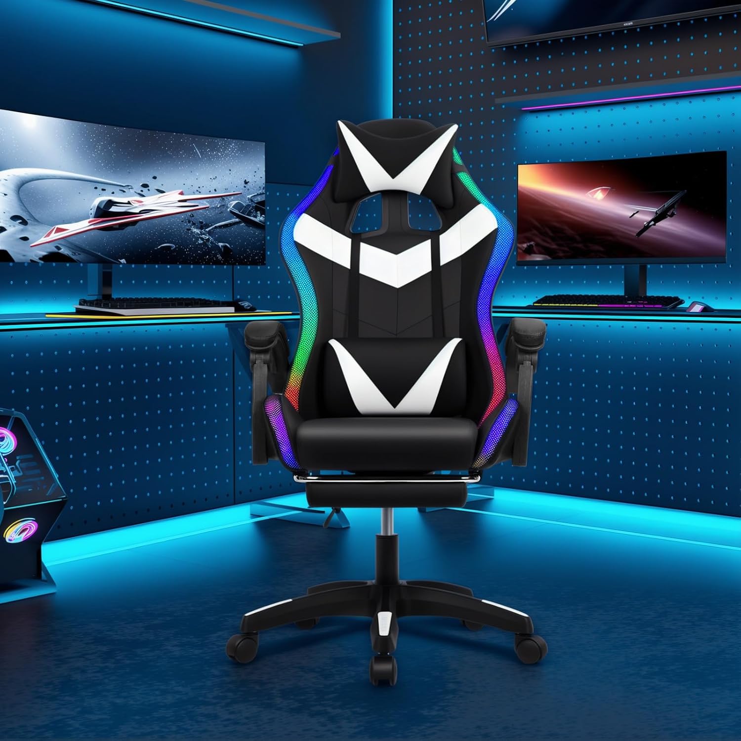 Gaming Chair with Bluetooth Speakers and LED Lights, Gamer Chair with Height Adjustable, Ergonomic Massage Computer Gaming Chair with Footrest, Video Game Chair with Lumbar Support for Adults