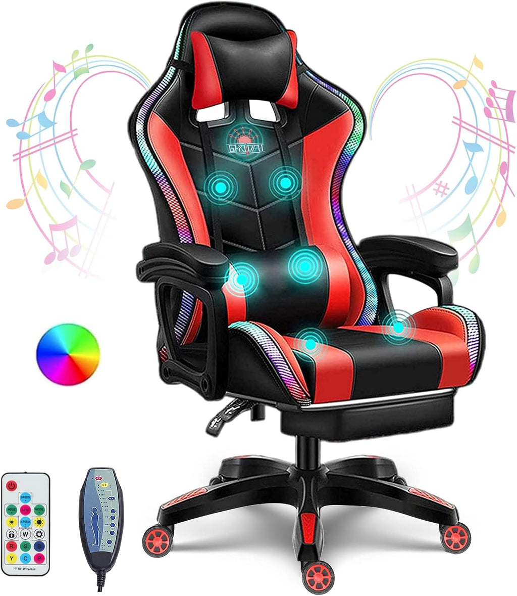 Gaming Chair with Speakers and Footrest Full Massage Computer Chair with RGB Lights Ergonomic Video Game Chair with Lumbar Support PU Leather High Back Gamer Chair for Office and Gaming,Red